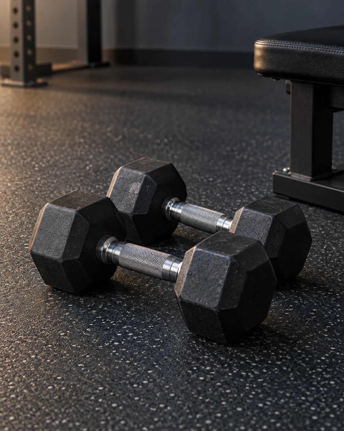 A pair of dumbbells beside a training bench on a gym floor